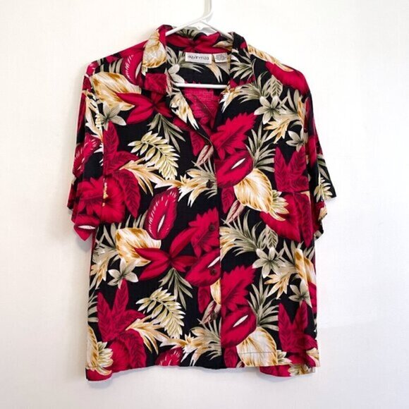 VINTAGE VTG APPARENZA Black Raspberry Floral Button Down Tropical Hawaiian Shirt - Picture 1 of 11